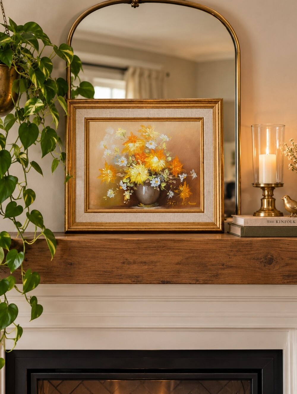 Vintage Framed Floral Oil Painting Yellow Orange Daisy Mums Still Life Art